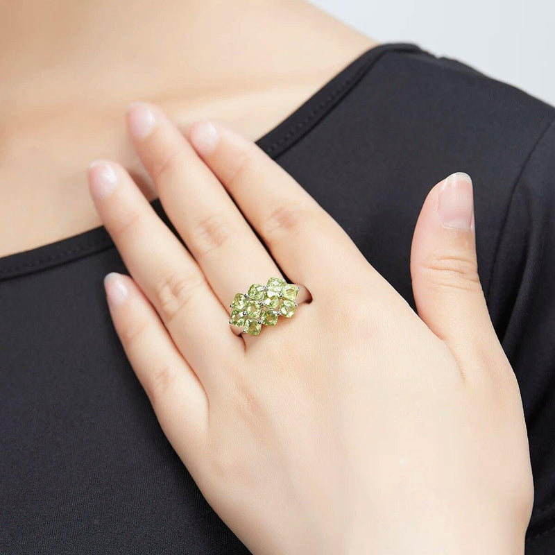 Classic Cushion Cut Natural Peridot Ring in Sterling Silver - 3.6 Carats Fine Jewelry - Lucid Fantasy 