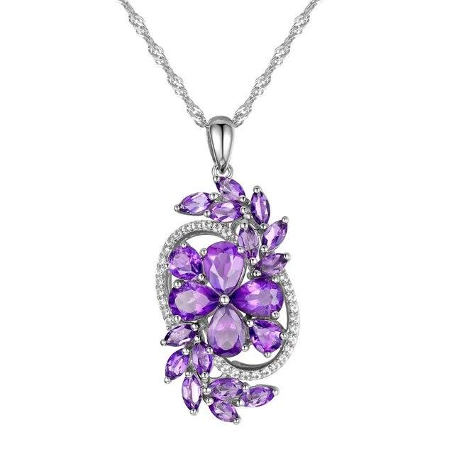 Classic Floral Design 925 Silver Necklace with Natural Amethyst and Red Garnet Gemstones - Lucid Fantasy 