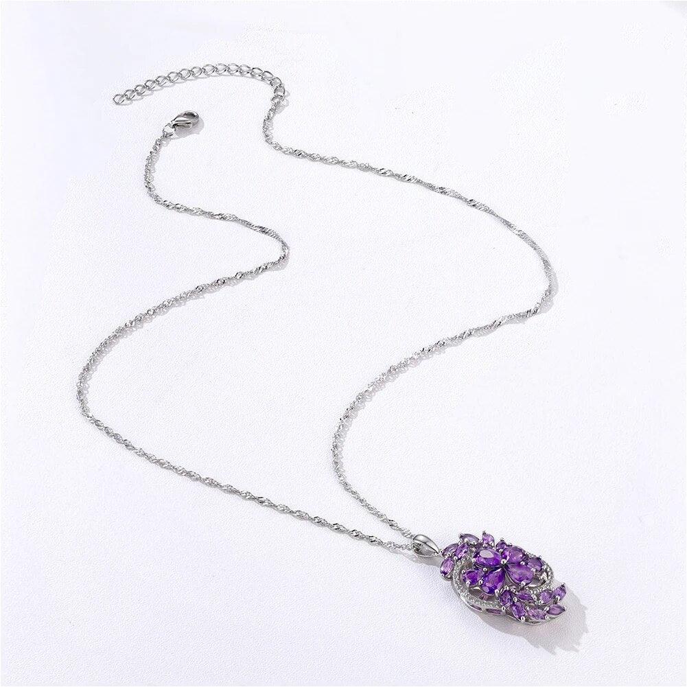 Classic Floral Design 925 Silver Necklace with Natural Amethyst and Red Garnet Gemstones - Lucid Fantasy 