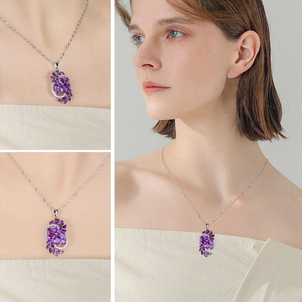 Classic Floral Design 925 Silver Necklace with Natural Amethyst and Red Garnet Gemstones - Lucid Fantasy 