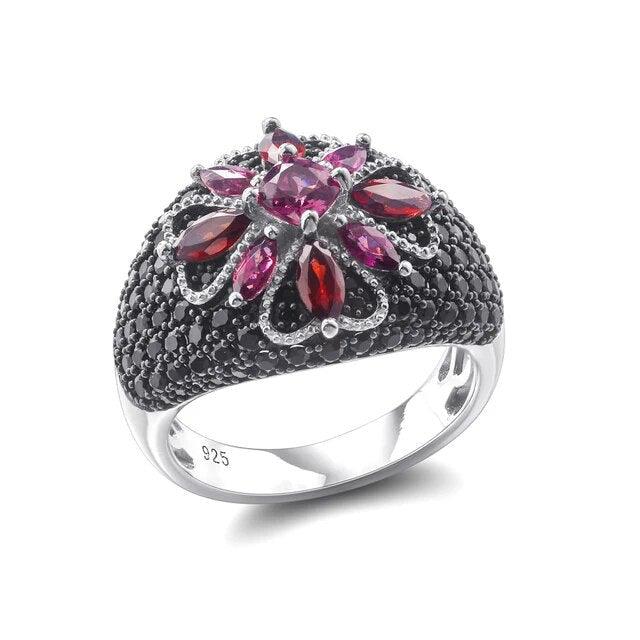 Classic Floral Rhodolite Garnet Cocktail Ring in 925 Sterling Silver - Lucid Fantasy 