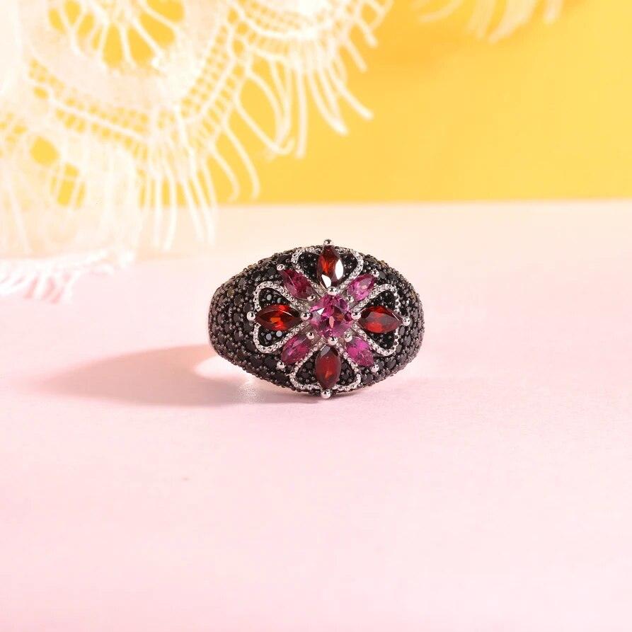 Classic Floral Rhodolite Garnet Cocktail Ring in 925 Sterling Silver - Lucid Fantasy 