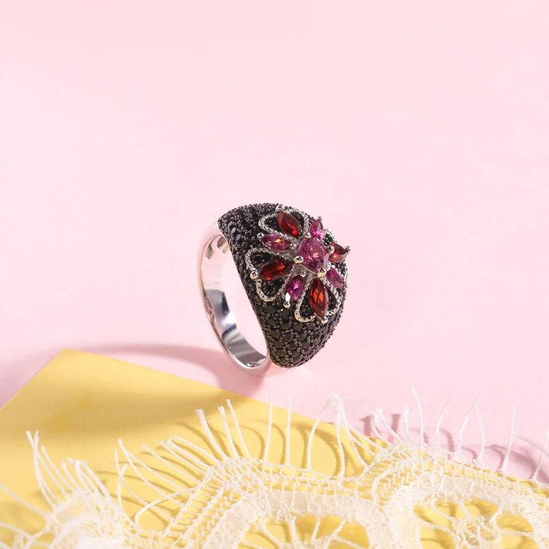 Classic Floral Rhodolite Garnet Cocktail Ring in 925 Sterling Silver - Lucid Fantasy 