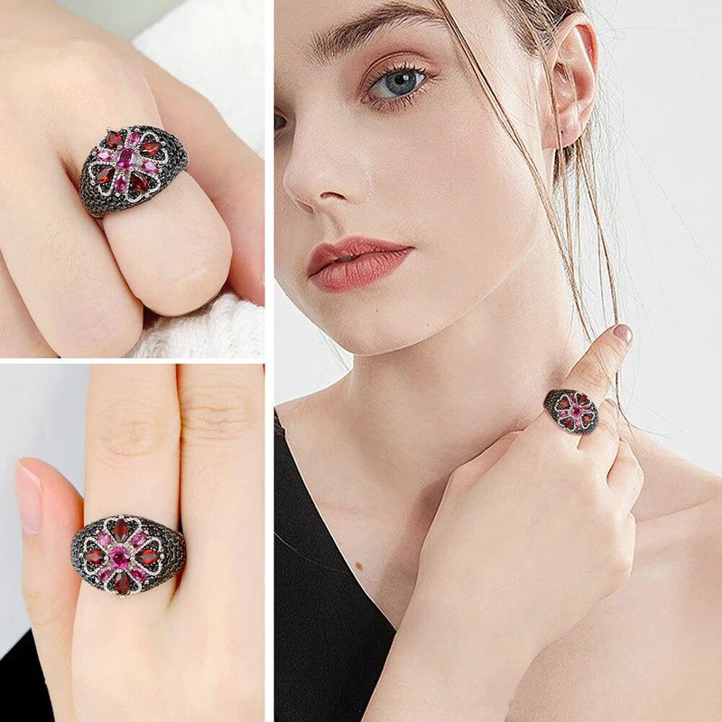 Classic Floral Rhodolite Garnet Cocktail Ring in 925 Sterling Silver - Lucid Fantasy 