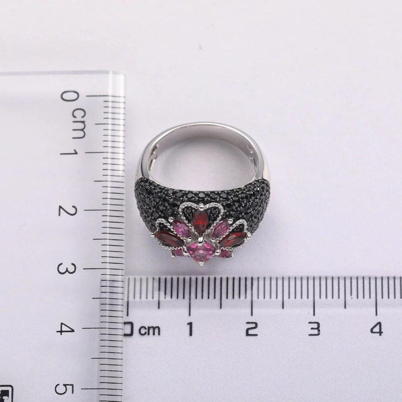 Classic Floral Rhodolite Garnet Cocktail Ring in 925 Sterling Silver - Lucid Fantasy 