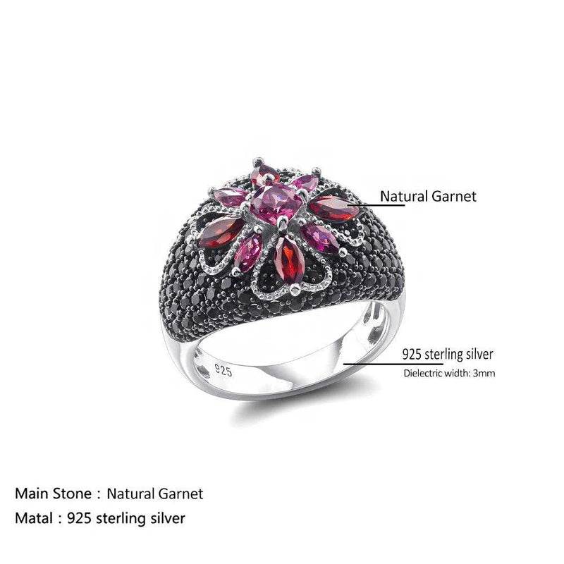 Classic Floral Rhodolite Garnet Cocktail Ring in 925 Sterling Silver - Lucid Fantasy 