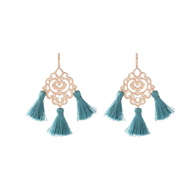 Classic Gold Textured Green Tassel Boho Earrings - Lucid Fantasy 