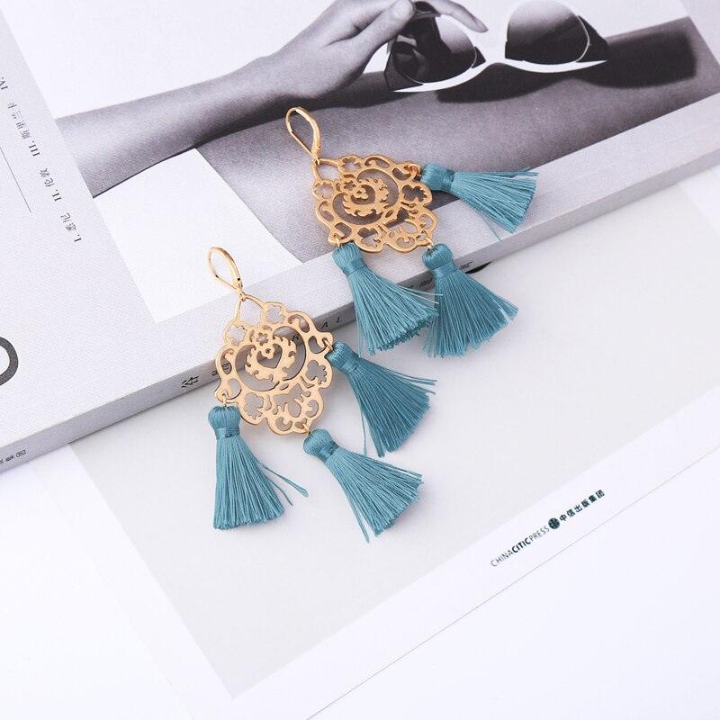 Classic Gold Textured Green Tassel Boho Earrings - Lucid Fantasy 