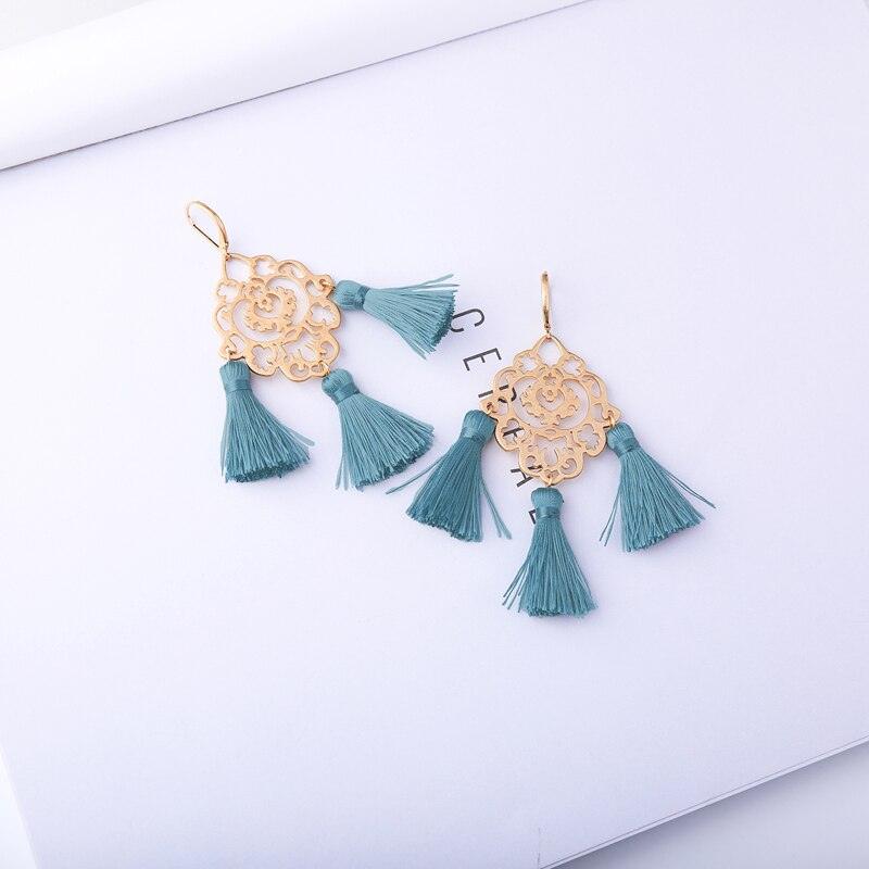 Classic Gold Textured Green Tassel Boho Earrings - Lucid Fantasy 