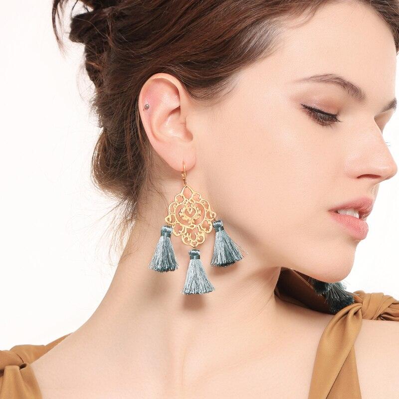 Classic Gold Textured Green Tassel Boho Earrings - Lucid Fantasy 