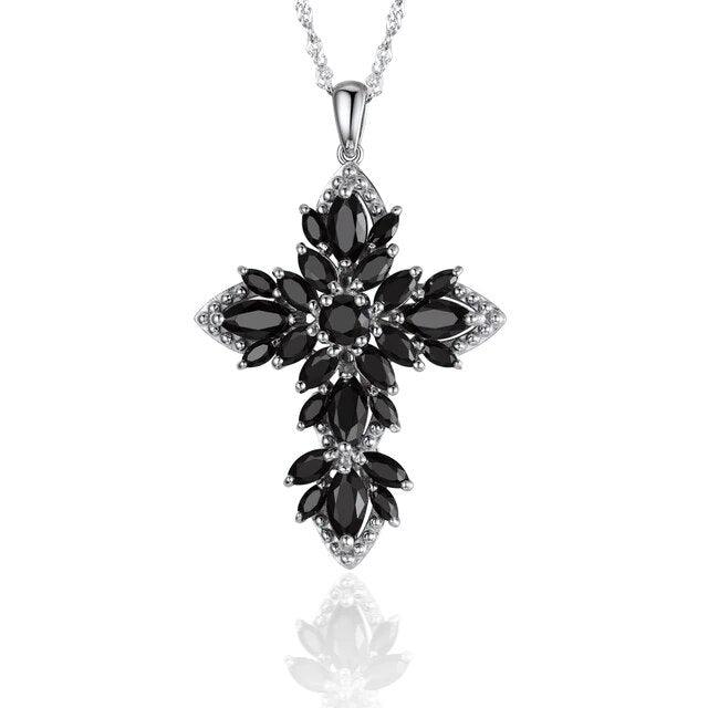 Classic Natural Black Spinel Cross Pendant Necklace in 925 Sterling Silver - Lucid Fantasy 