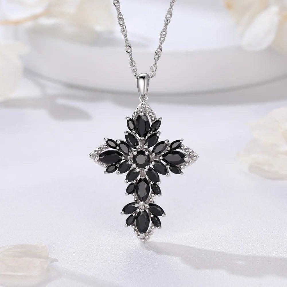 Classic Natural Black Spinel Cross Pendant Necklace in 925 Sterling Silver - Lucid Fantasy 