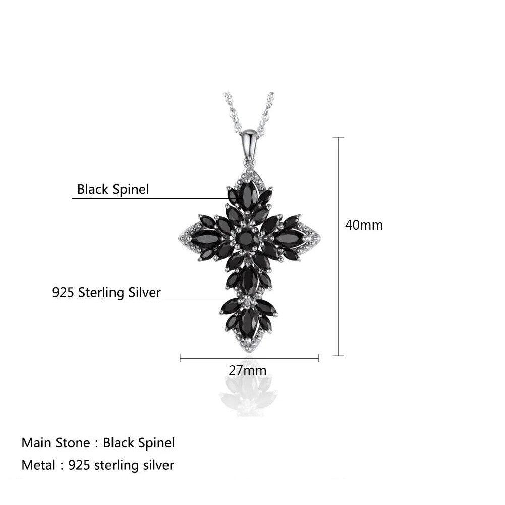 Classic Natural Black Spinel Cross Pendant Necklace in 925 Sterling Silver - Lucid Fantasy 