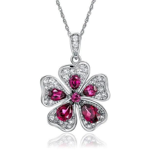 Classic Rhodolite Flower Pendant in 925 Sterling Silver - 1.7ct Fine Jewelry - Lucid Fantasy 