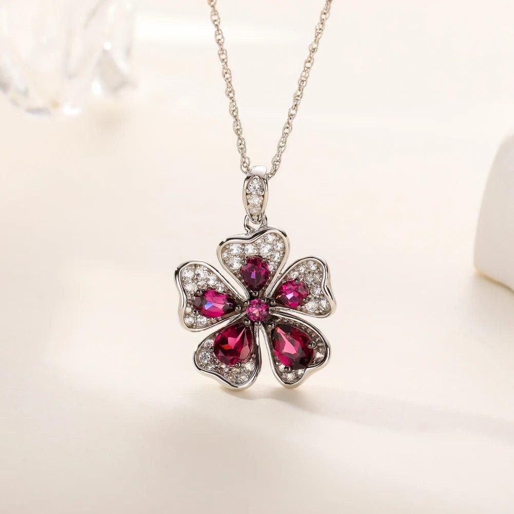 Classic Rhodolite Flower Pendant in 925 Sterling Silver - 1.7ct Fine Jewelry - Lucid Fantasy 