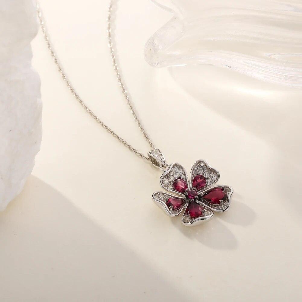 Classic Rhodolite Flower Pendant in 925 Sterling Silver - 1.7ct Fine Jewelry - Lucid Fantasy 