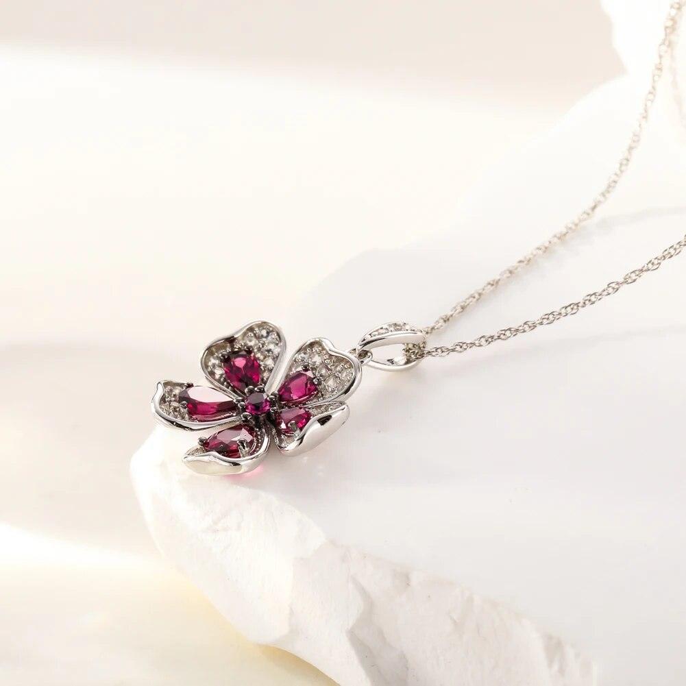 Classic Rhodolite Flower Pendant in 925 Sterling Silver - 1.7ct Fine Jewelry - Lucid Fantasy 