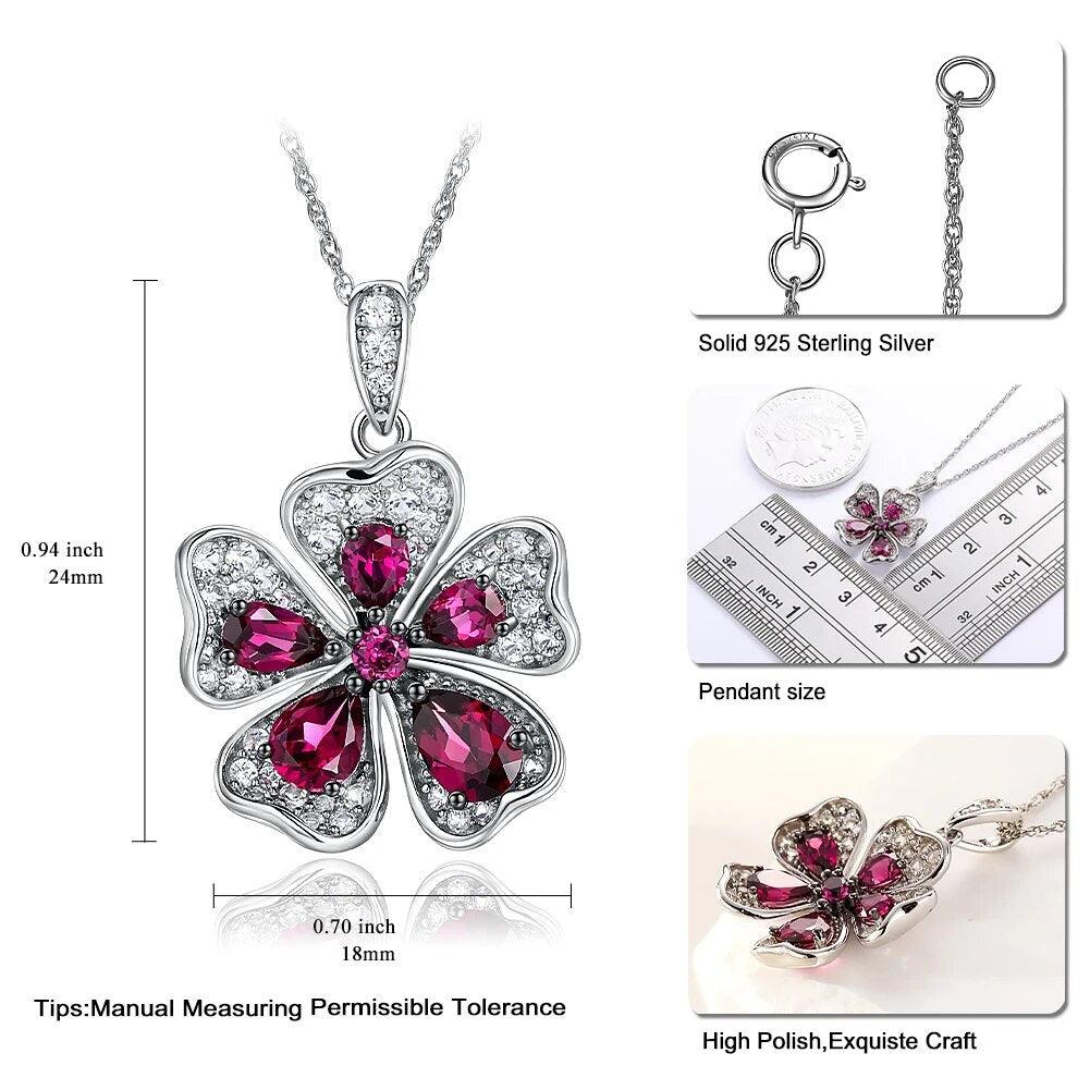 Classic Rhodolite Flower Pendant in 925 Sterling Silver - 1.7ct Fine Jewelry - Lucid Fantasy 