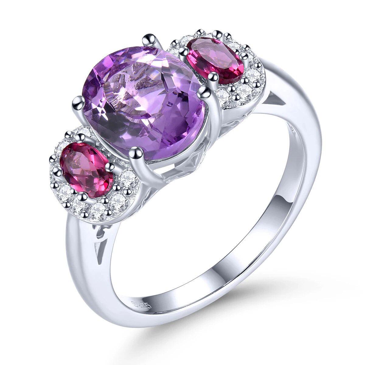 Classic Vintage Sterling Silver Ring with 3.2 Carats of Natural Amethyst and Rhodolite Garnet - Lucid Fantasy 