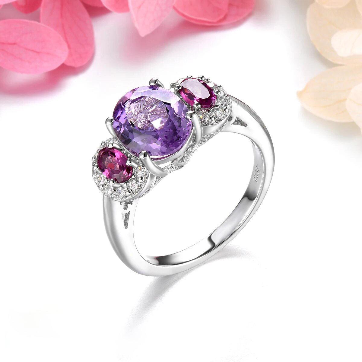 Classic Vintage Sterling Silver Ring with 3.2 Carats of Natural Amethyst and Rhodolite Garnet - Lucid Fantasy 