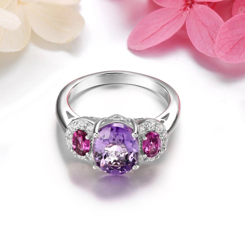 Classic Vintage Sterling Silver Ring with 3.2 Carats of Natural Amethyst and Rhodolite Garnet - Lucid Fantasy 