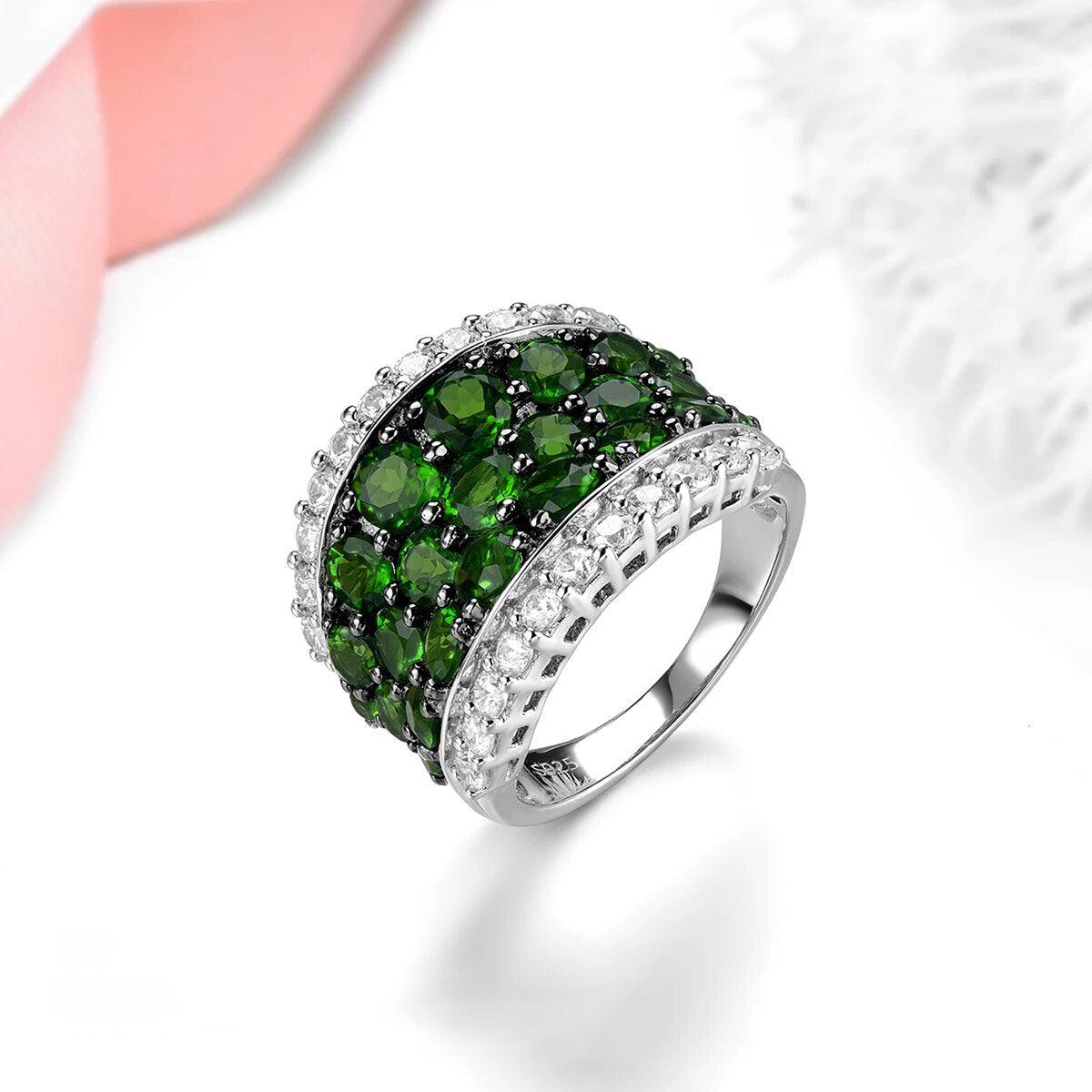 Classic Vintage-Style 5-Carat Natural Chrome Diopside and Garnet Sterling Silver Ring - Lucid Fantasy 