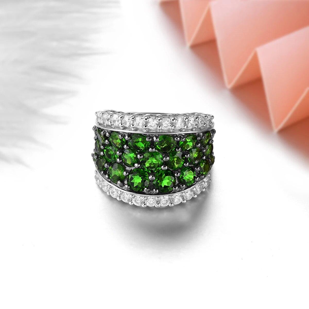 Classic Vintage-Style 5-Carat Natural Chrome Diopside and Garnet Sterling Silver Ring - Lucid Fantasy 