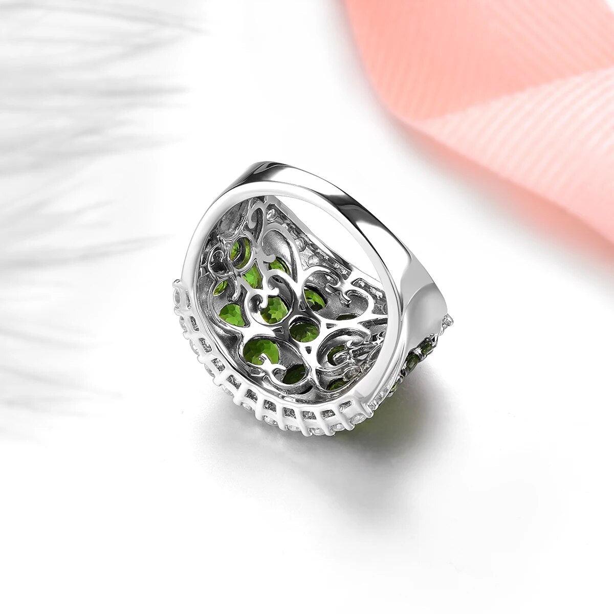 Classic Vintage-Style 5-Carat Natural Chrome Diopside and Garnet Sterling Silver Ring - Lucid Fantasy 