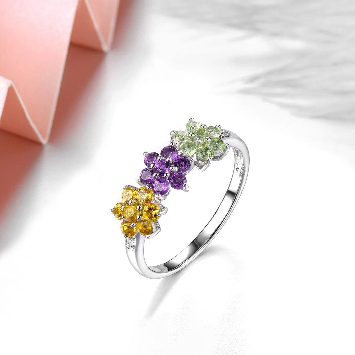 Colorful Floral Design Natural Citrine Amethyst Peridot Sterling Silver Ring S925 Fine Jewelry - Lucid Fantasy 