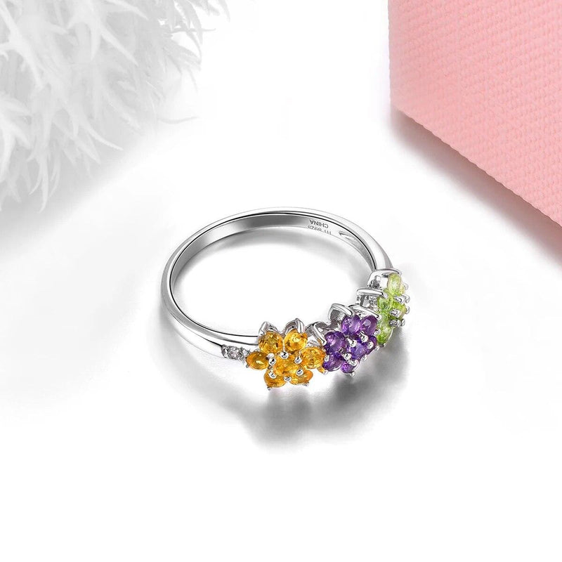 Colorful Floral Design Natural Citrine Amethyst Peridot Sterling Silver Ring S925 Fine Jewelry - Lucid Fantasy 