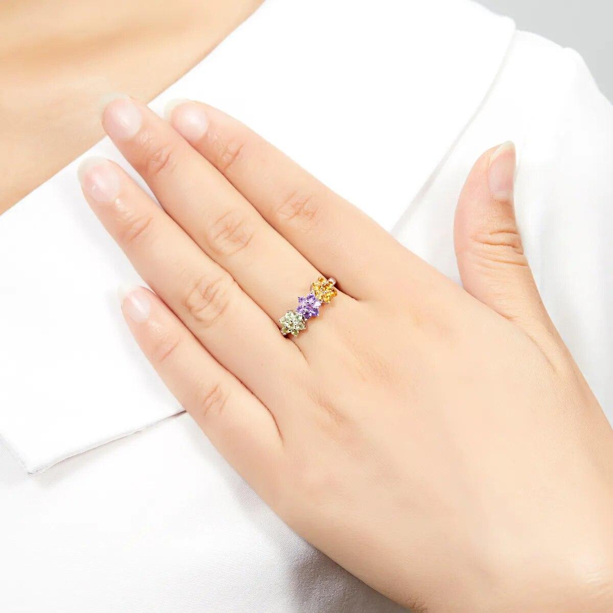 Colorful Floral Design Natural Citrine Amethyst Peridot Sterling Silver Ring S925 Fine Jewelry - Lucid Fantasy 