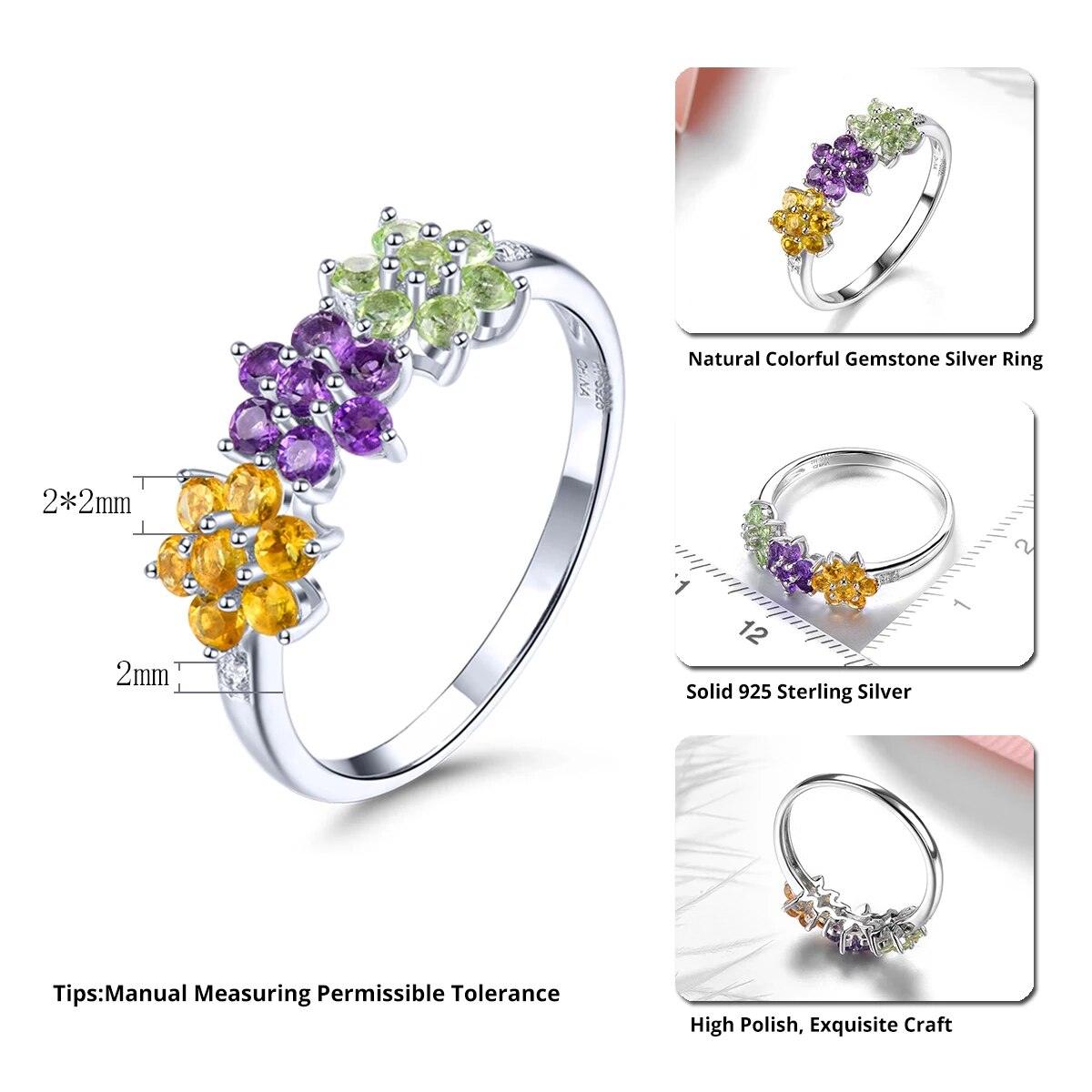 Colorful Floral Design Natural Citrine Amethyst Peridot Sterling Silver Ring S925 Fine Jewelry - Lucid Fantasy 