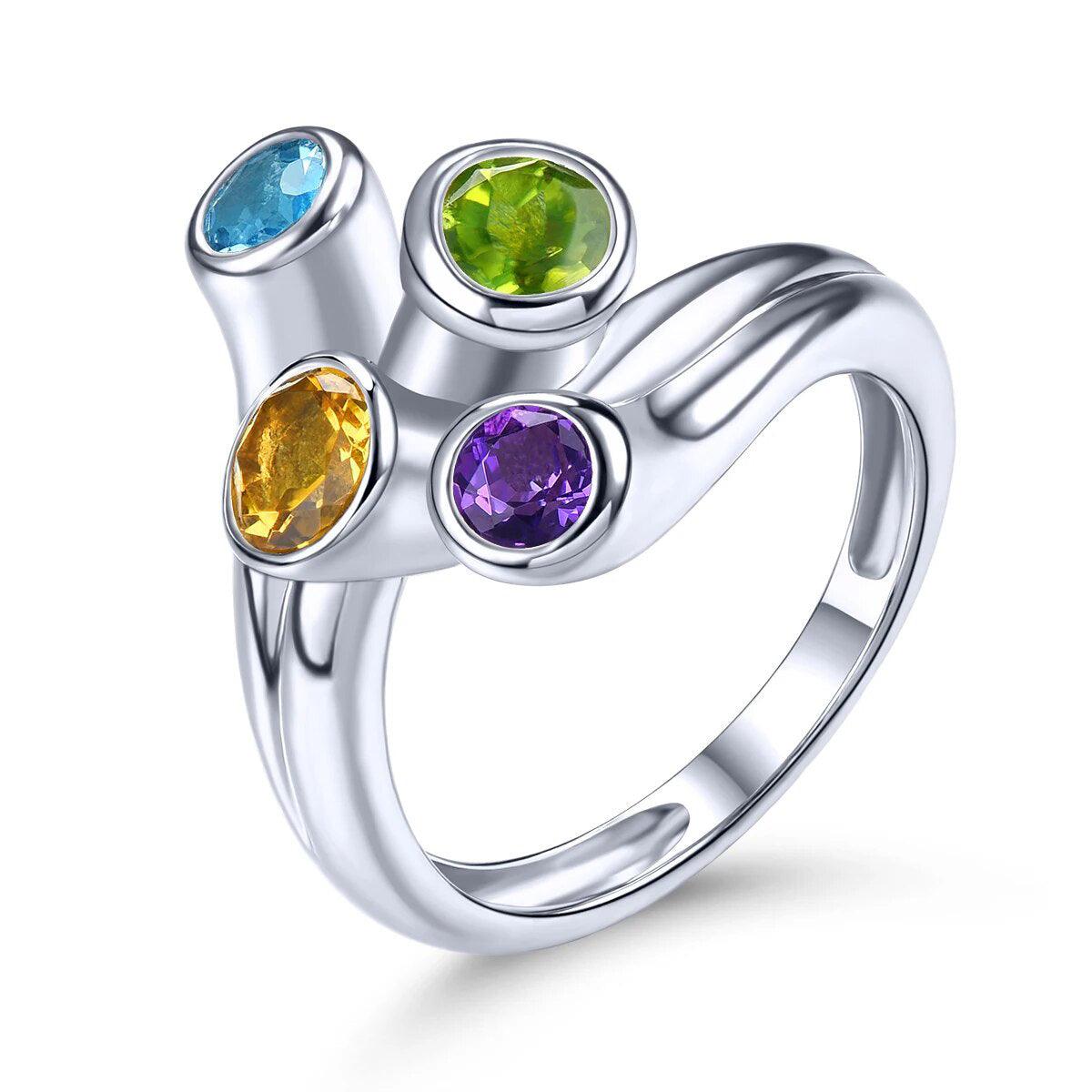 Colorful Gemstone Sterling Silver Ring with Amethyst, Topaz, Citrine, and Peridot - 1.5 Carats Unique Design - Lucid Fantasy 