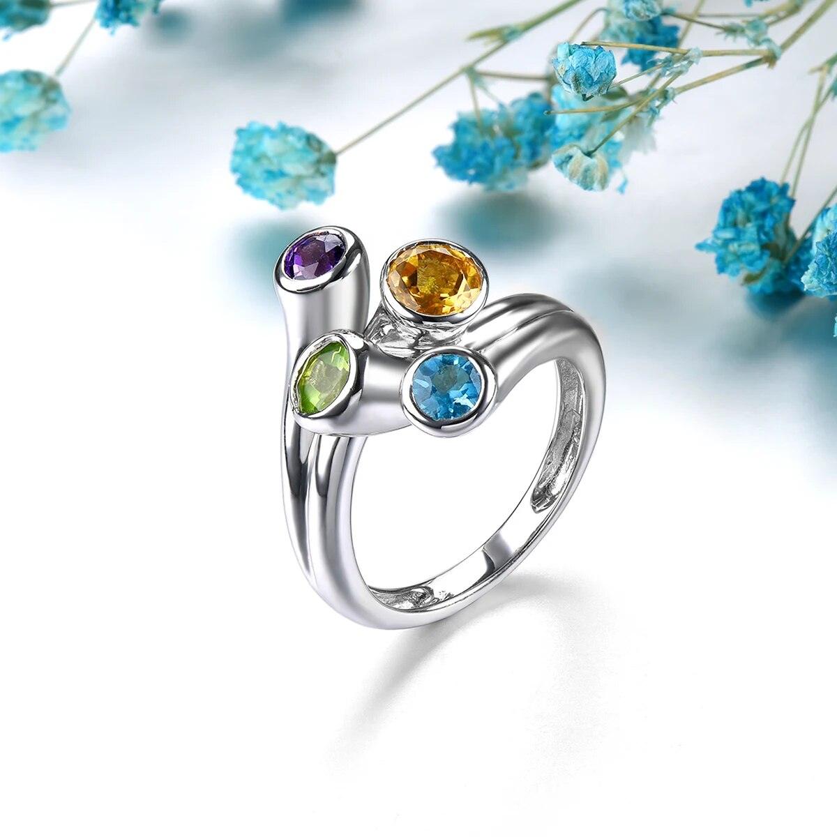 Colorful Gemstone Sterling Silver Ring with Amethyst, Topaz, Citrine, and Peridot - 1.5 Carats Unique Design - Lucid Fantasy 