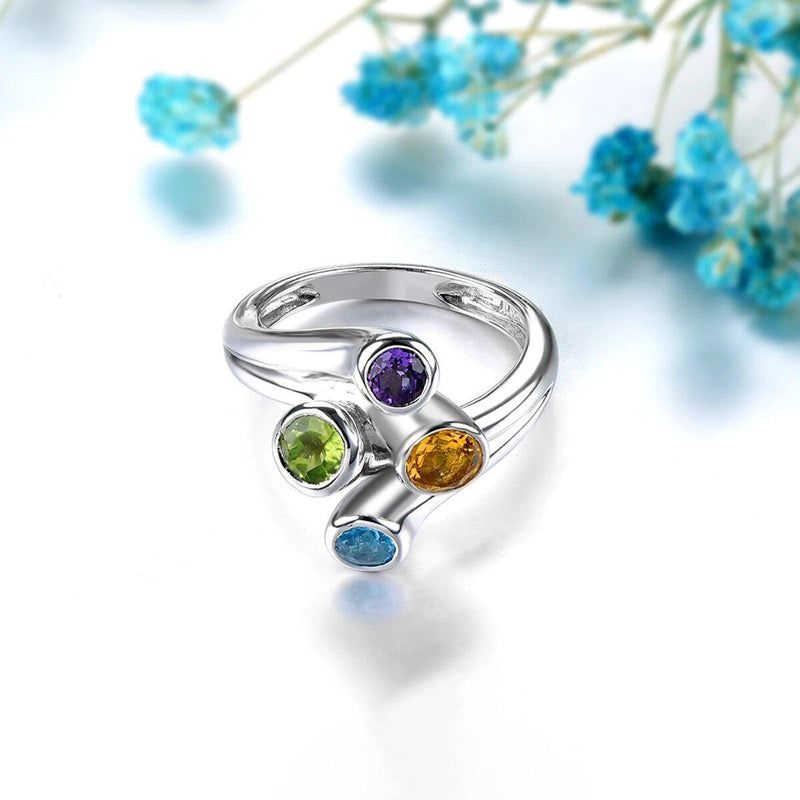 Colorful Gemstone Sterling Silver Ring with Amethyst, Topaz, Citrine, and Peridot - 1.5 Carats Unique Design - Lucid Fantasy 