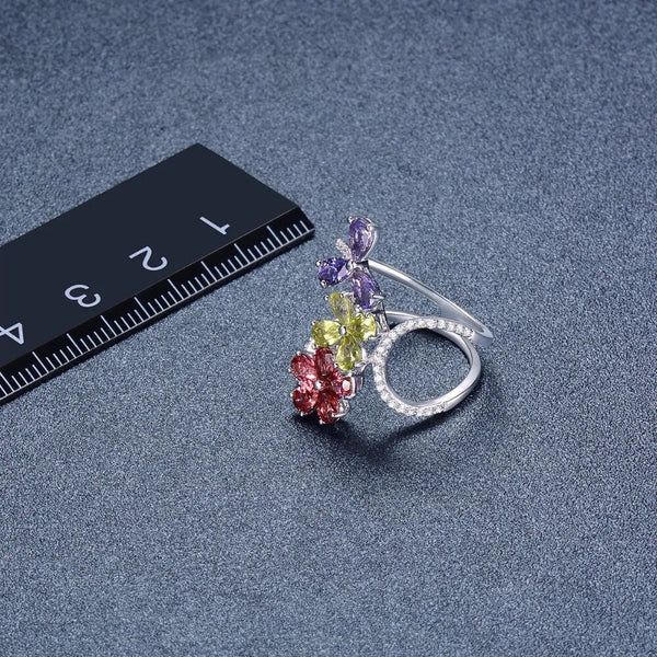 Cutout Wrap Ring 2.51 Carats Natural Multi Gemstone Garnet Peridot 925 Sterling Silver Flower Ring-Lucid Fantasy