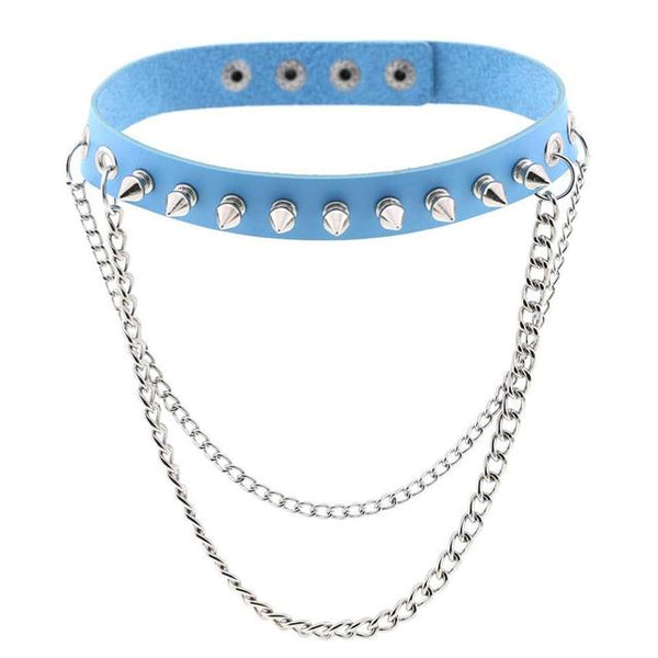 Double Chain Tassel Stud Spike Collar Punk Choker Necklace