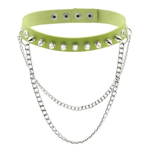 Double Chain Tassel Stud Spike Collar Punk Choker Necklace