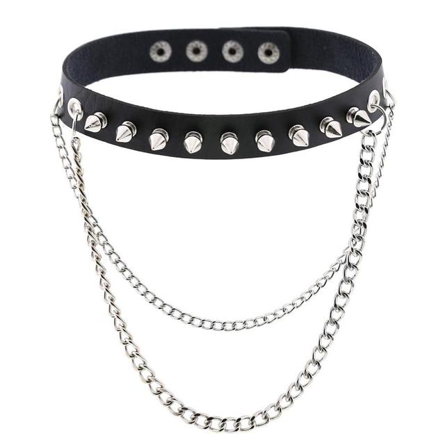 Double Chain Tassel Stud Spike Collar Punk Choker Necklace | Lucid