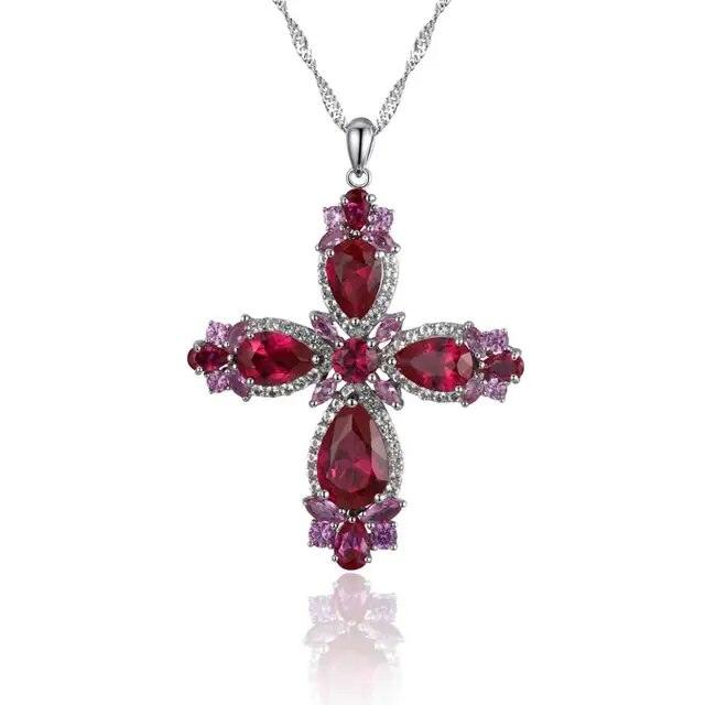 Elegant 925 Sterling Silver Cross Necklace with 5.5 Carats of Radiant Red Gemstones - Lucid Fantasy 