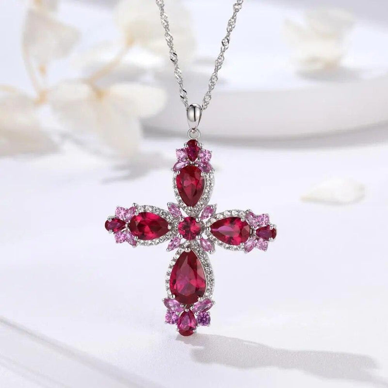 Elegant 925 Sterling Silver Cross Necklace with 5.5 Carats of Radiant Red Gemstones - Lucid Fantasy 