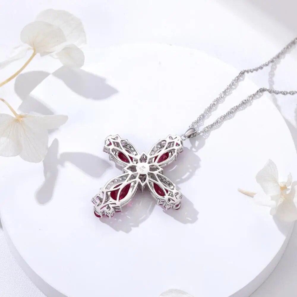 Elegant 925 Sterling Silver Cross Necklace with 5.5 Carats of Radiant Red Gemstones - Lucid Fantasy 