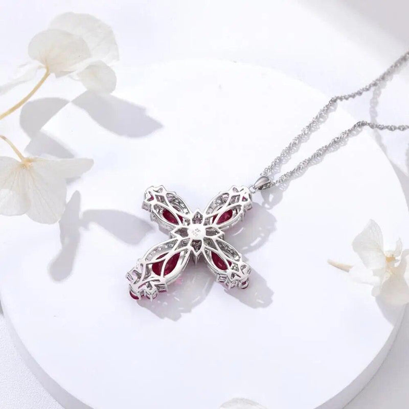 Elegant 925 Sterling Silver Cross Necklace with 5.5 Carats of Radiant Red Gemstones - Lucid Fantasy 