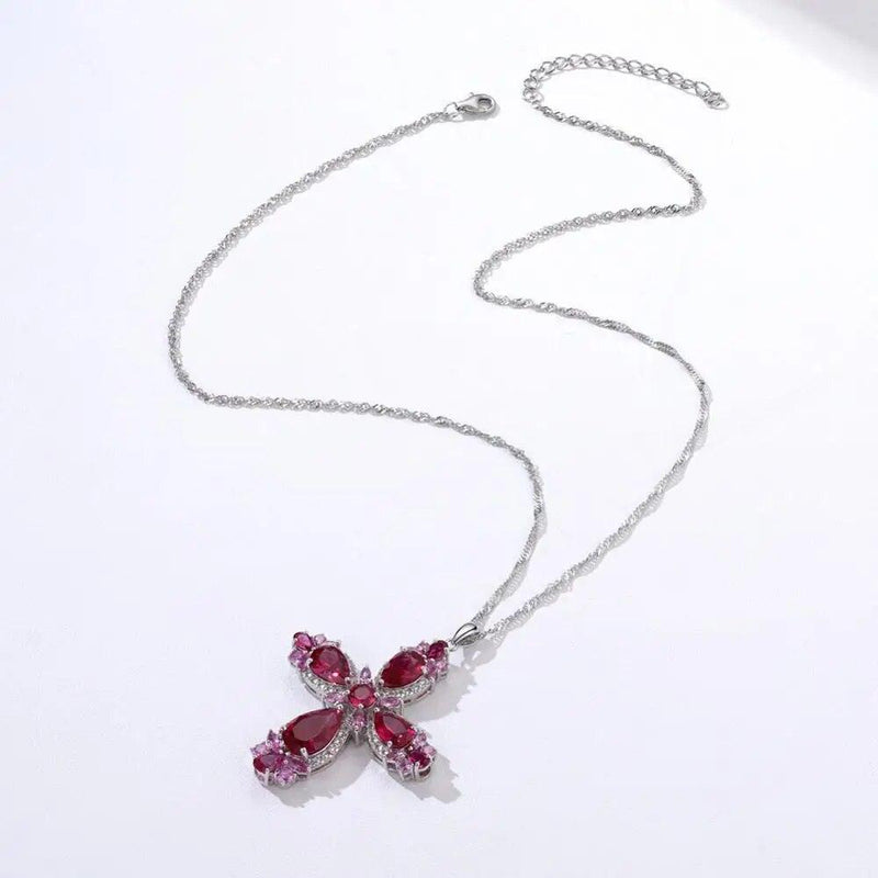 Elegant 925 Sterling Silver Cross Necklace with 5.5 Carats of Radiant Red Gemstones - Lucid Fantasy 