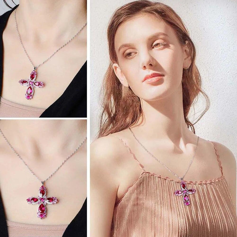 Elegant 925 Sterling Silver Cross Necklace with 5.5 Carats of Radiant Red Gemstones - Lucid Fantasy 