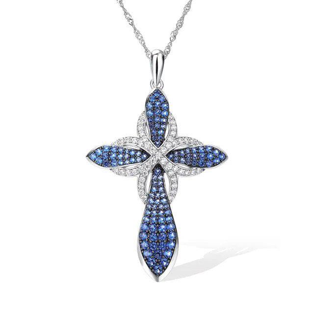 Elegant 925 Sterling Silver Cross Pendant Necklace with 1.4ct Blue Nano Crystal Gems on Fine O-Chain - Lucid Fantasy 