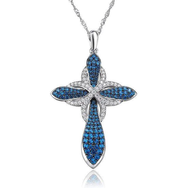 Elegant 925 Sterling Silver Cross Pendant Necklace with 1.4ct Blue Nano Crystal Gems on Fine O-Chain - Lucid Fantasy 