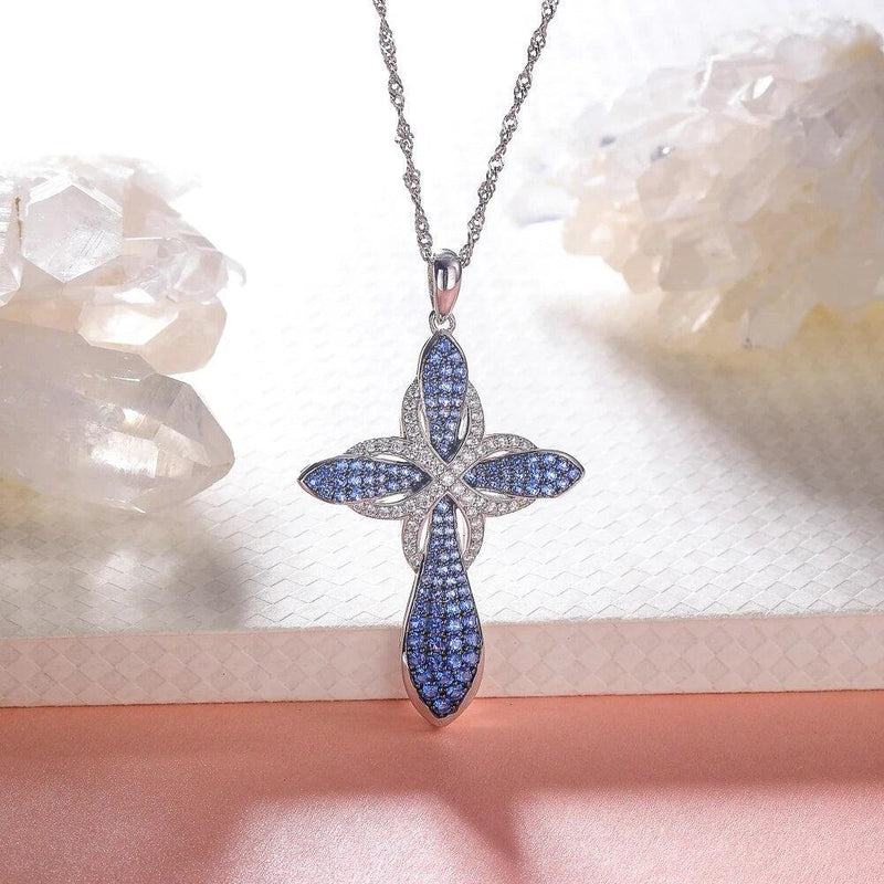 Elegant 925 Sterling Silver Cross Pendant Necklace with 1.4ct Blue Nano Crystal Gems on Fine O-Chain - Lucid Fantasy 