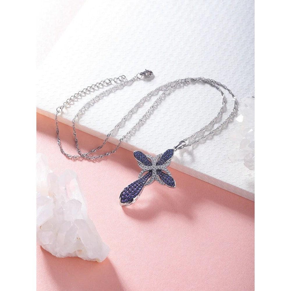 Elegant 925 Sterling Silver Cross Pendant Necklace with 1.4ct Blue Nano Crystal Gems on Fine O-Chain - Lucid Fantasy 