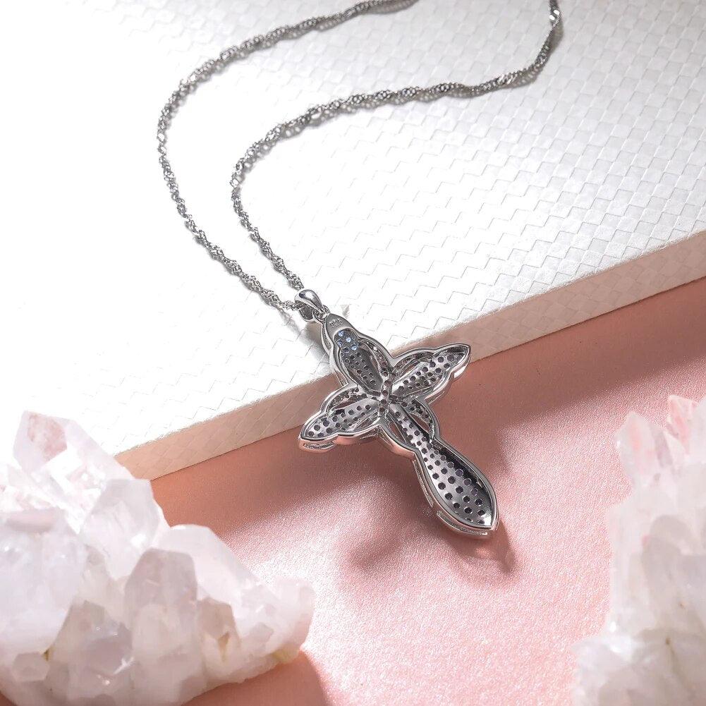 Elegant 925 Sterling Silver Cross Pendant Necklace with 1.4ct Blue Nano Crystal Gems on Fine O-Chain - Lucid Fantasy 